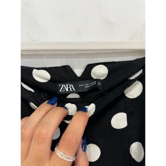 Zara Linen Blend High-Waist Polka Dot Cropped Trousers Black/White Womens Size S - Picture 4 of 5